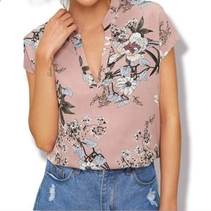 Pink Floral V-Neck top - High-low - Size S